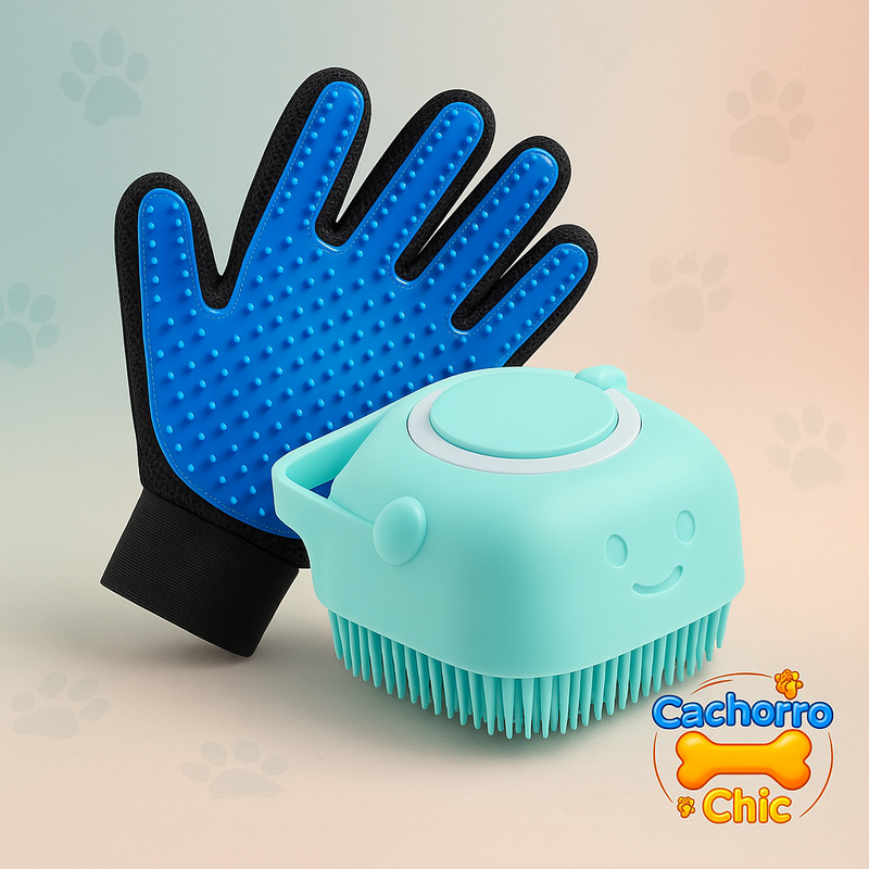 Kit Limpeza Pet PREMIUM – Luva Tira Pelos & Escova Massageadora c/ Dispenser