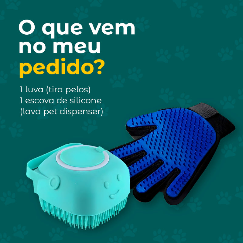 Kit Limpeza Pet PREMIUM – Luva Tira Pelos & Escova Massageadora c/ Dispenser